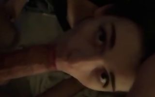 Cute brunette licking his dick and gets mouth filled with cum