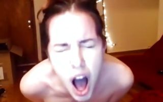 Horny brunette teen whore rides a big dildo in homemade solo