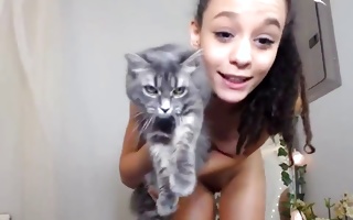 Cat Dildo Porn - Horny brunette teen rubs her clit and puts a dildo in her ass